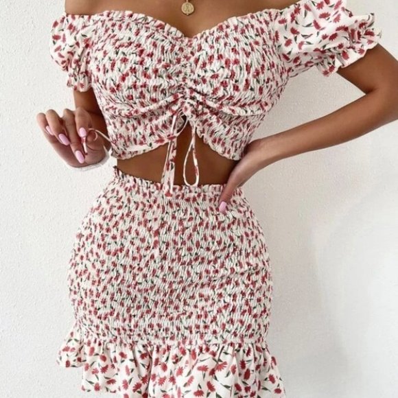 Boho chic Floral  Ruched Shirred Bodice Crop Top & skirt set - Picture 6 of 8